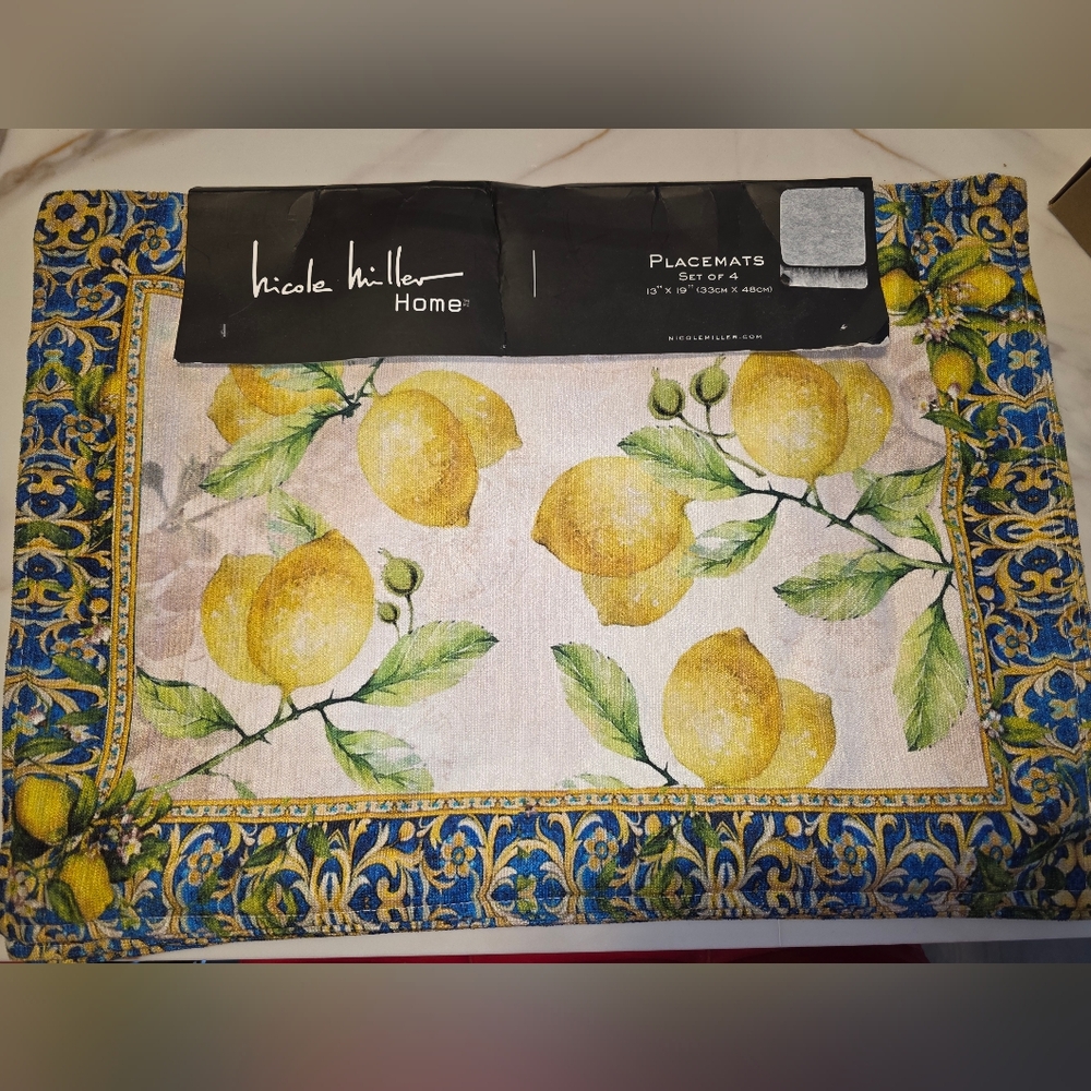 New Nicole Miller Home Fabric Lemon Print Table Placemats Set Of 4 13"×19"